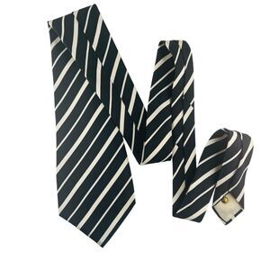 100% Silk Neck Tie Vintage Medison Made in Italy Black & Ivory Cream Stripe